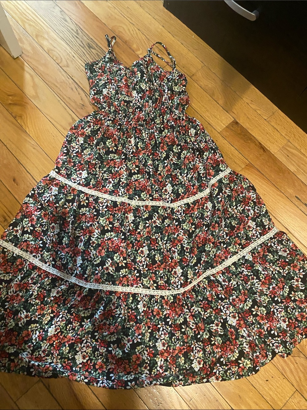 Floral Tiered Spaghetti-Strap Maxi Dress in Black and Red